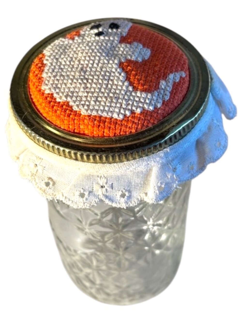 Handmade Orange and White Ghost Mason Jar Lid Cover - Home Holiday Decor